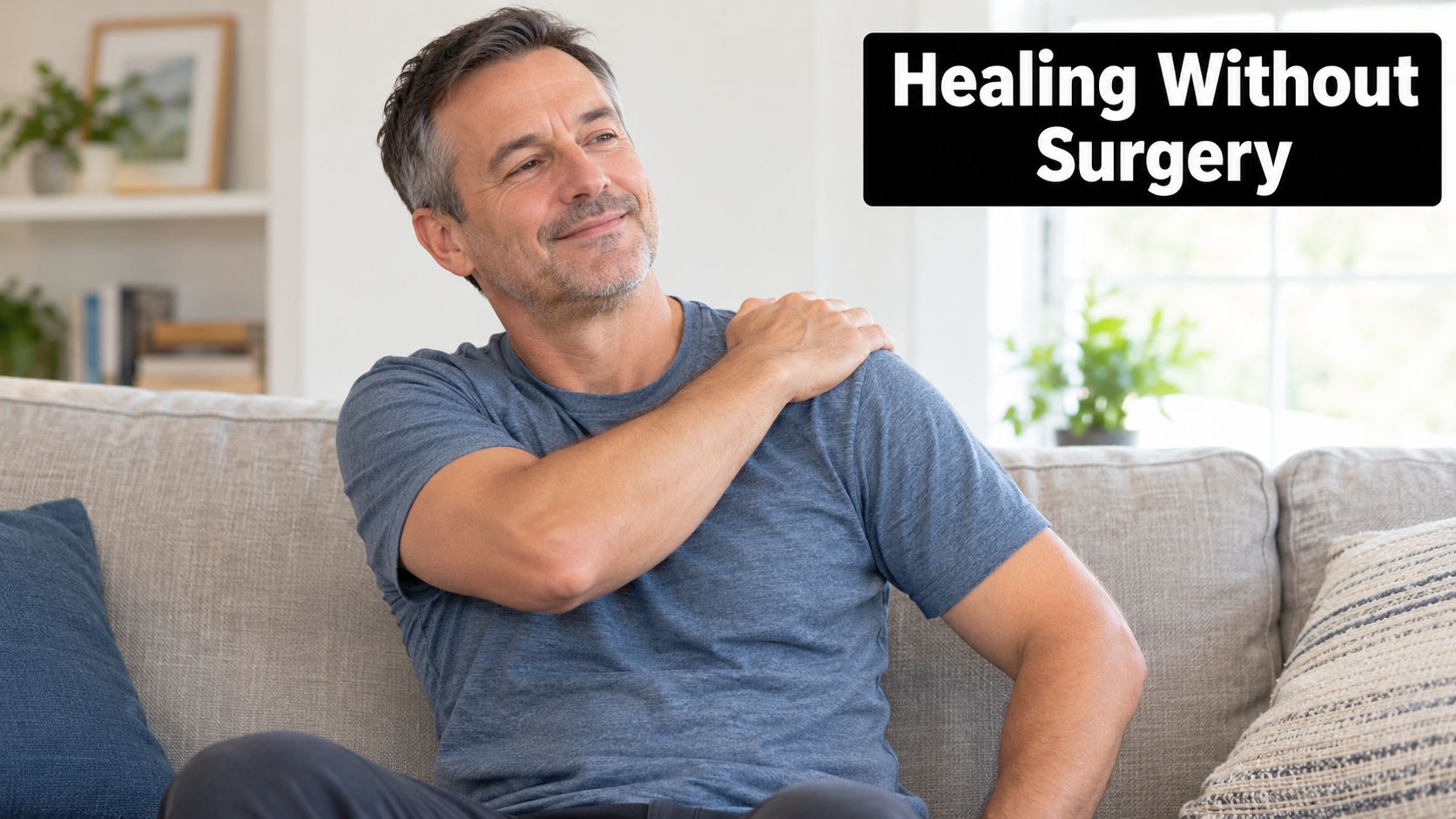 A middle-aged man sitting on a sofa while holding his shoulder, suggesting recovery from shoulder pain.