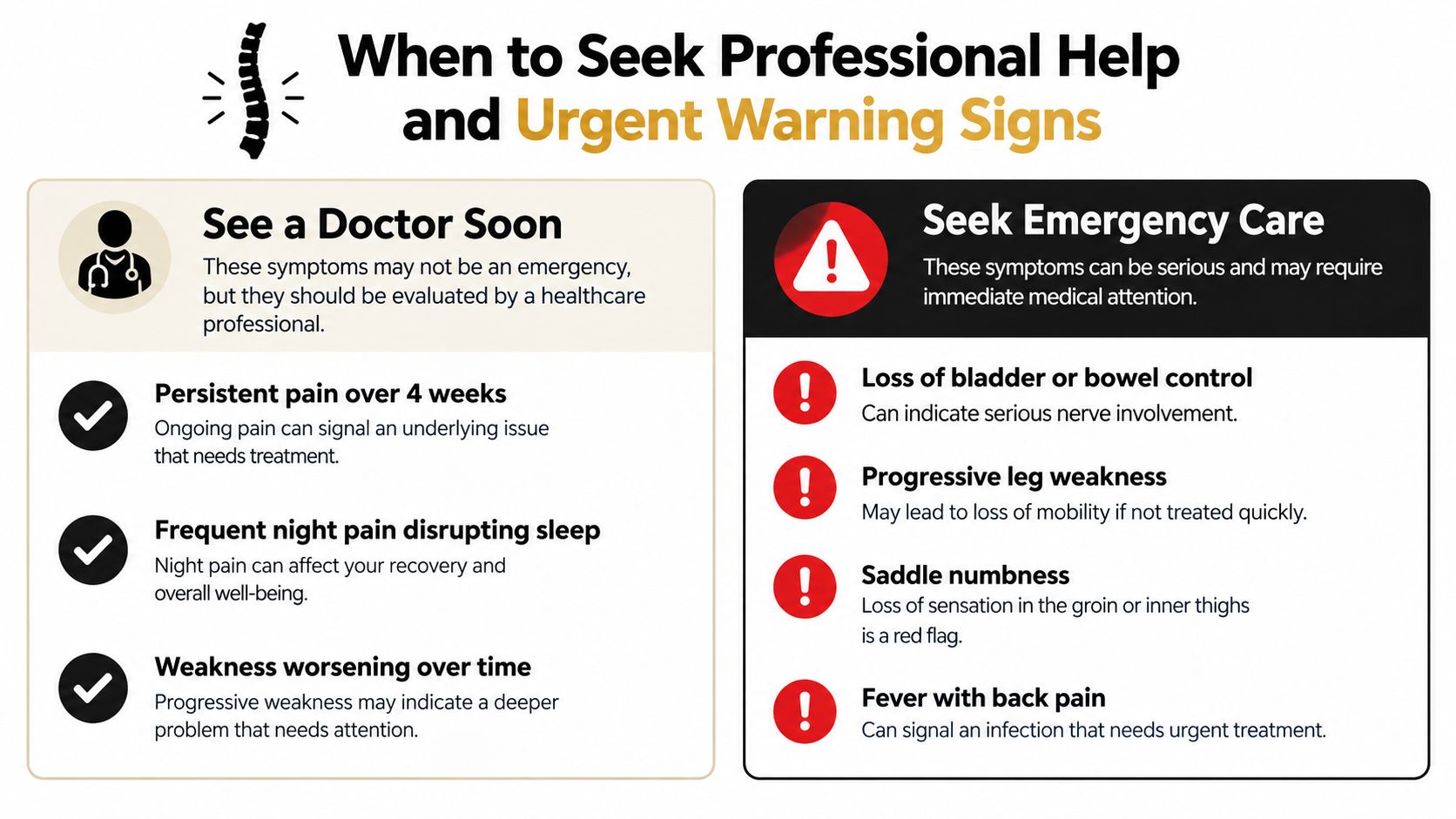 An infographic showing symptoms when to see a doctor or seek emergency care for back pain.