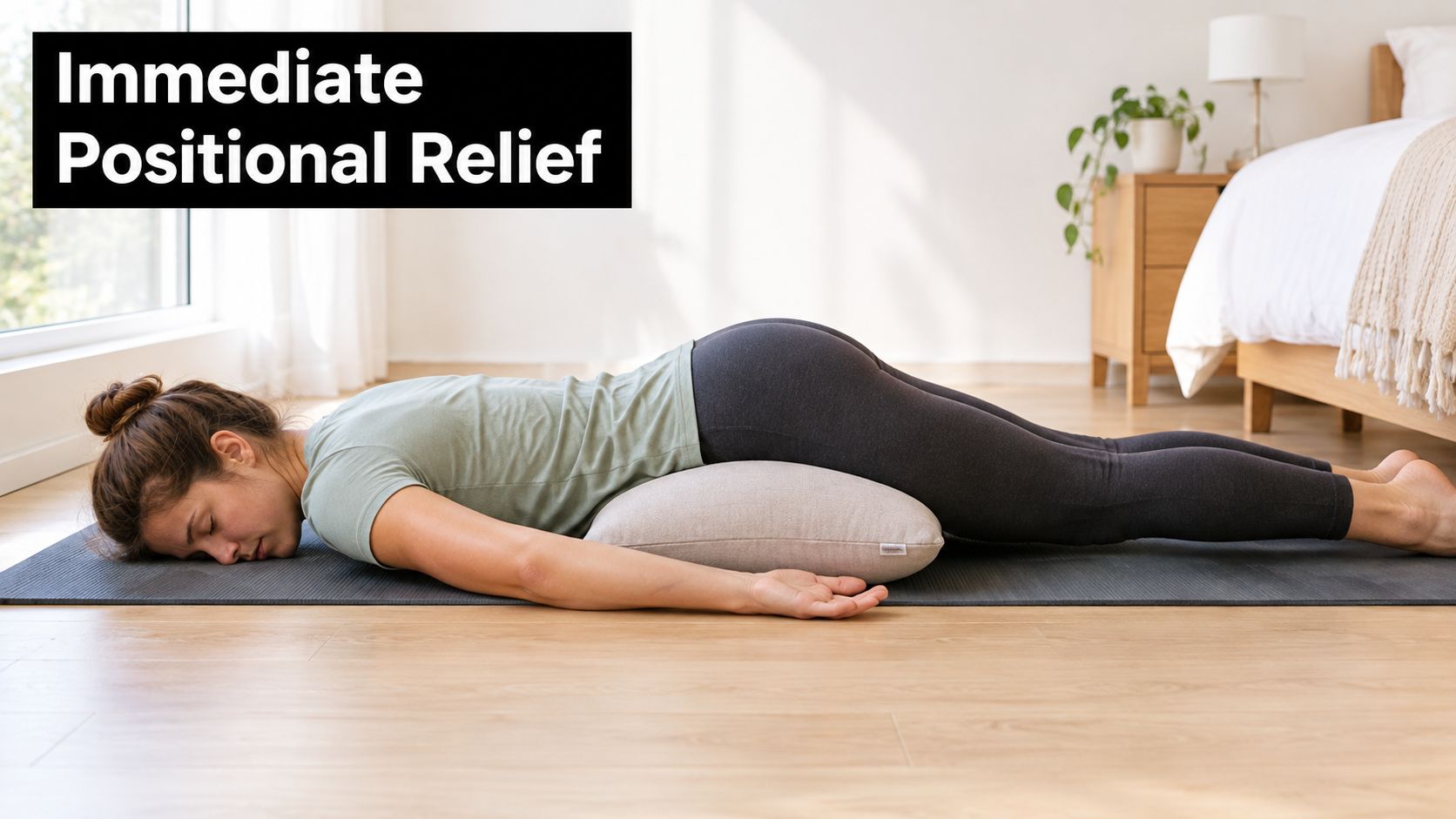 A woman lying face down on a yoga mat with a pillow under her hips for support.