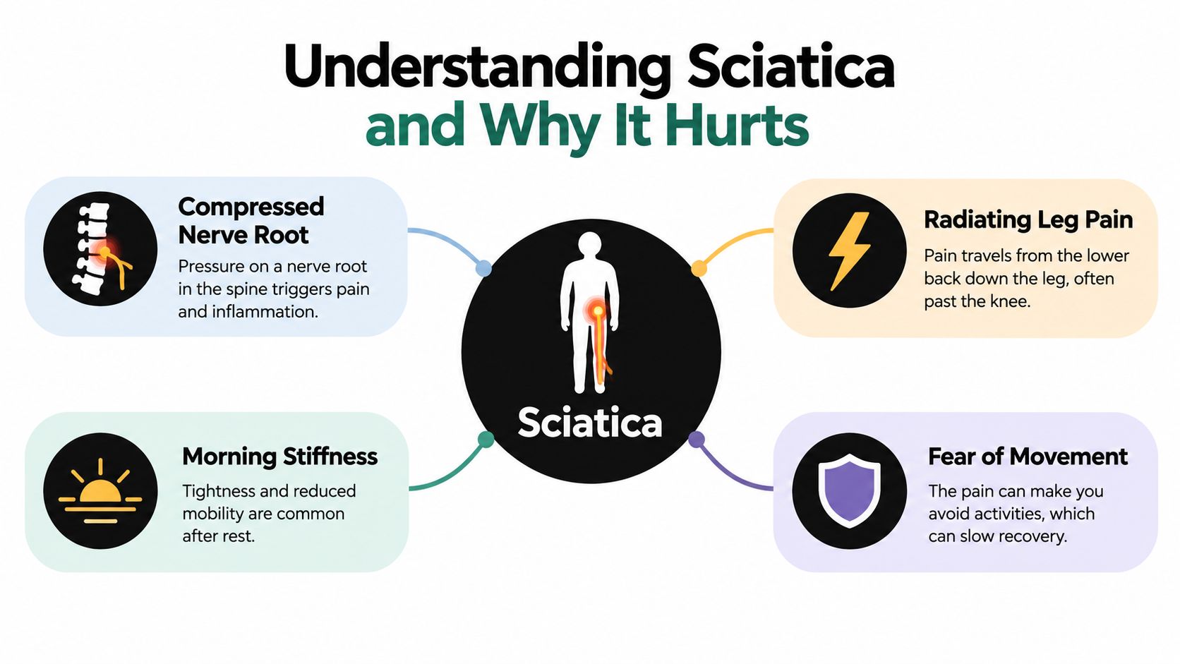 An infographic titled Understanding Sciatica illustrating the causes and symptoms like nerve compression and radiating leg pain.