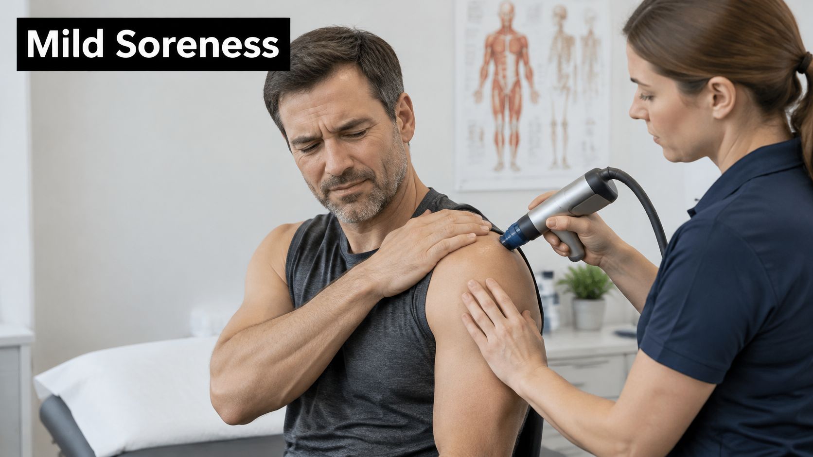A physical therapist uses a radial shockwave therapy device to treat a patient with shoulder pain.