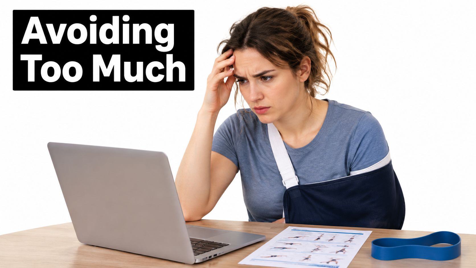 A woman wearing a shoulder sling looks stressed while working on a laptop with physical therapy instructions nearby.