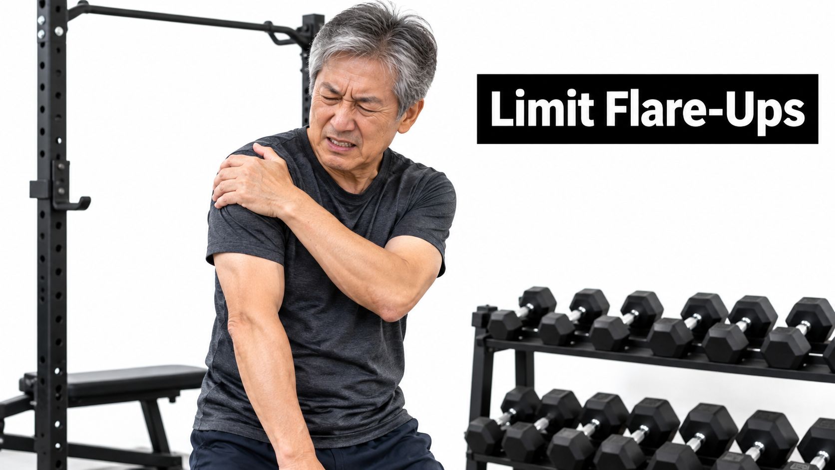 An older Asian man in a gym holding his shoulder in pain, representing a sports-related injury.