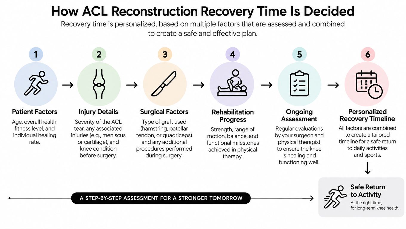 A six-step infographic illustrating how personalized recovery timelines for ACL reconstruction surgery are determined for patients.