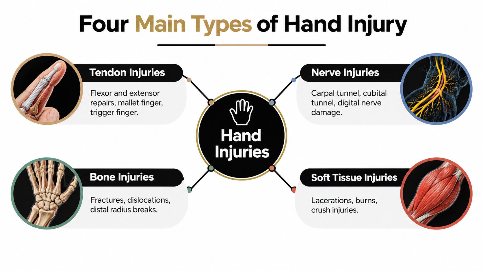 An infographic showing four common categories of hand injuries: tendon, nerve, bone, and soft tissue injuries.