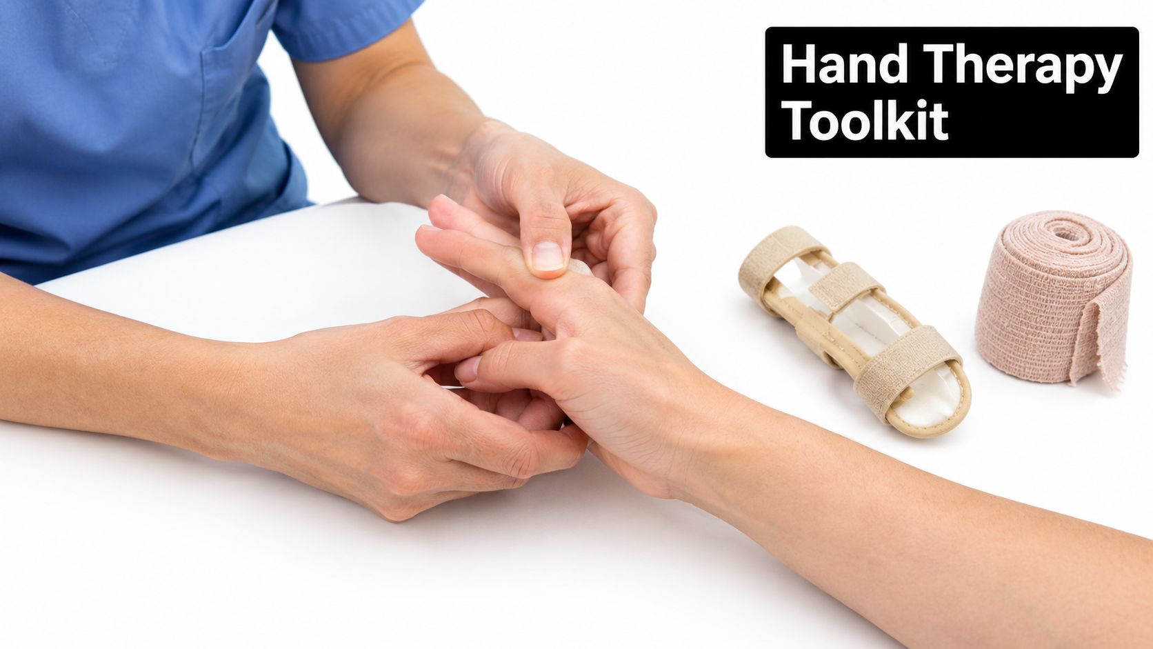 A therapist performs gentle hand therapy exercises on a patient's hand near a splint and bandage.