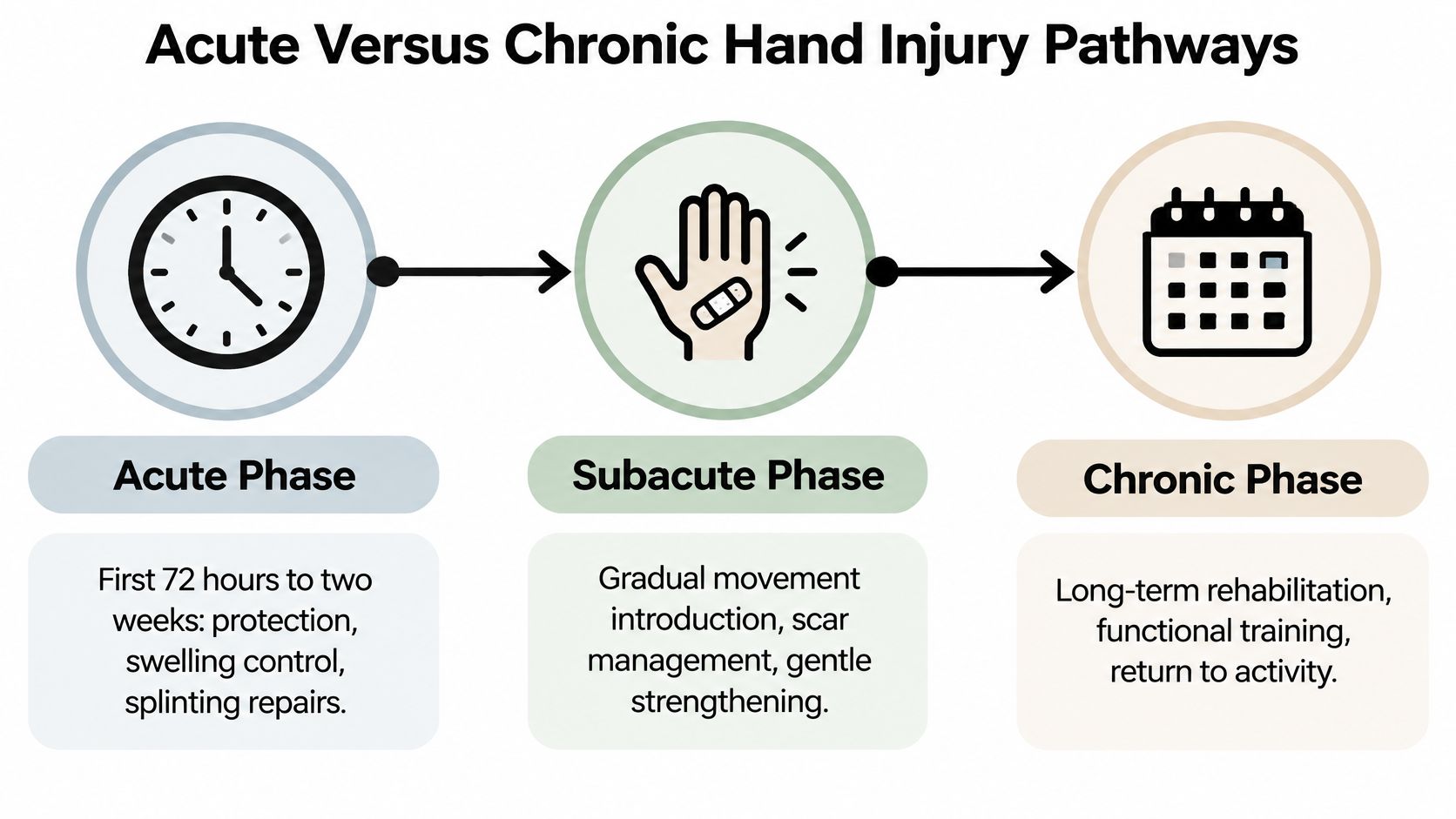A diagram illustrating the three phases of hand injury recovery: acute, subacute, and chronic treatment timelines.