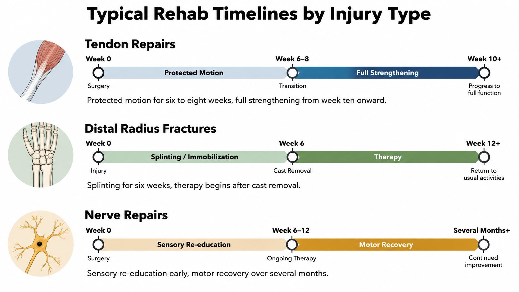 An infographic showing rehabilitation timelines for tendon repairs, distal radius fractures, and nerve repairs.