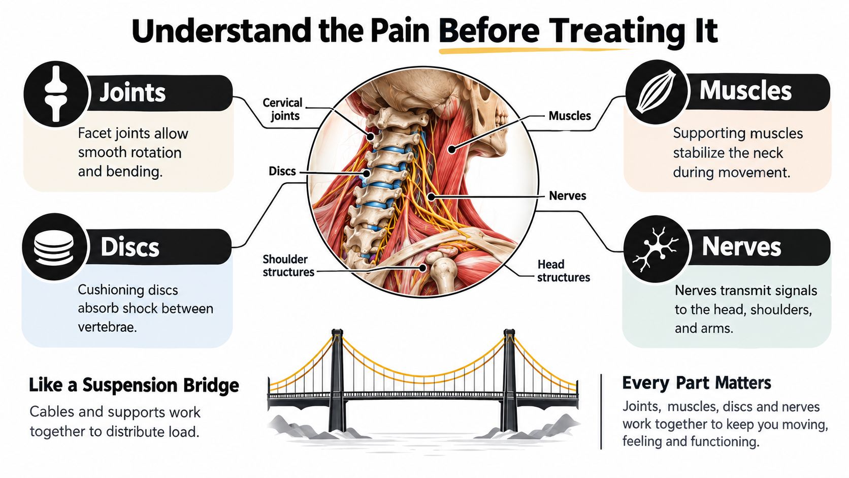 An anatomical illustration showing the cervical spine, muscles, discs, and nerves, comparing neck anatomy to a suspension bridge.