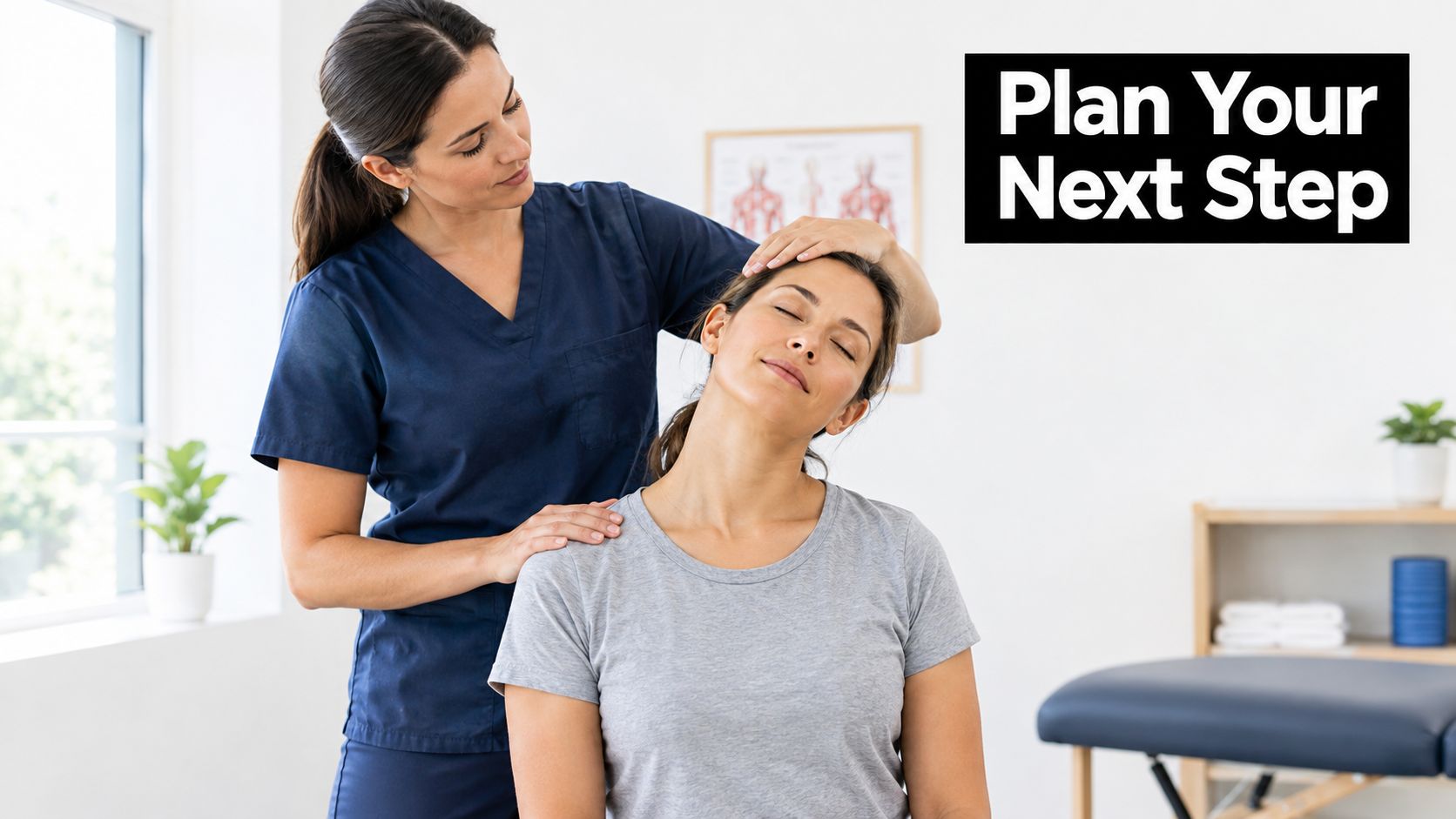 A professional physical therapist performing a gentle neck adjustment on a patient sitting in a clinical office.