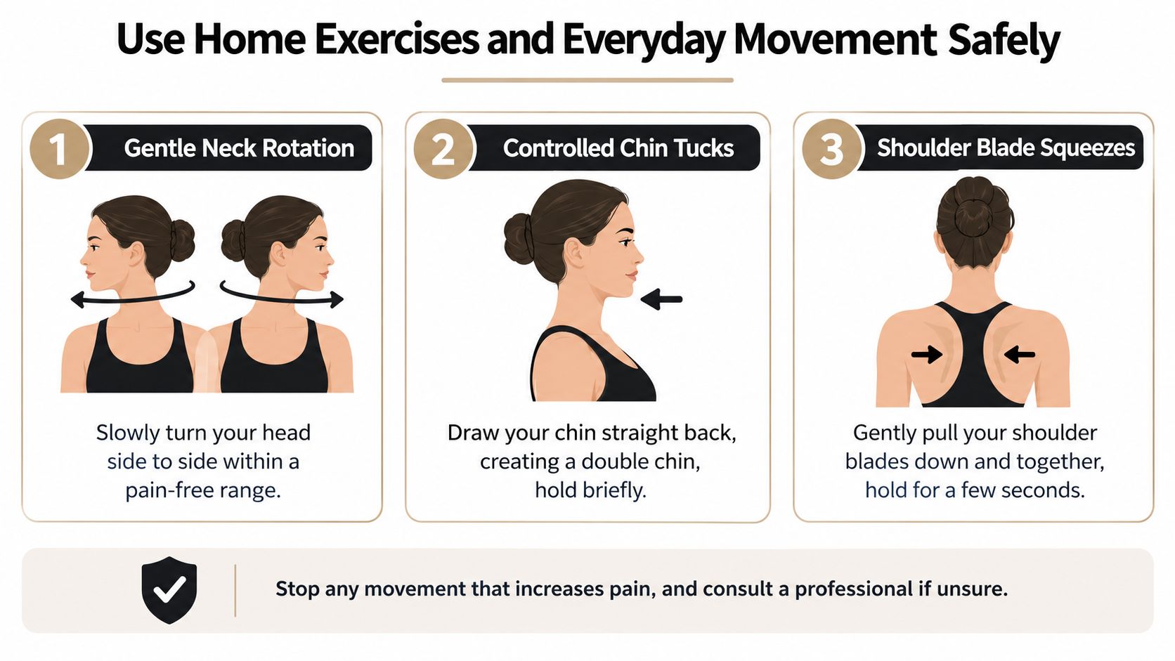 A guide illustrating three simple neck and shoulder exercises for pain relief using illustrated figures.