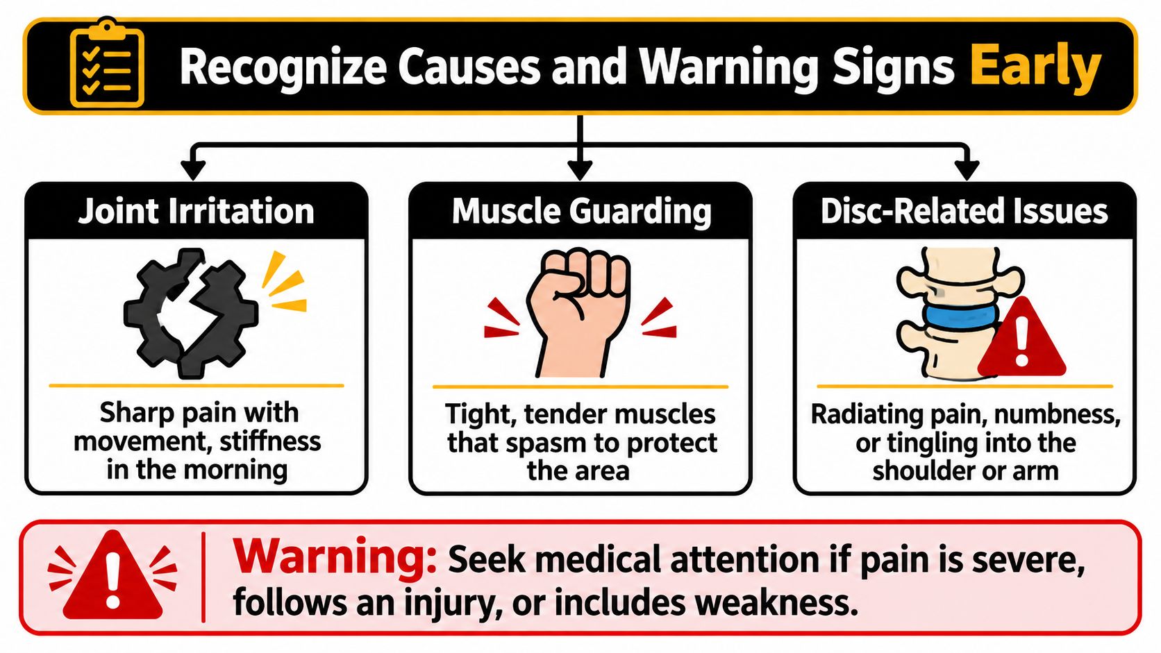 An educational infographic outlining common causes of neck pain and warning signs that require medical attention.