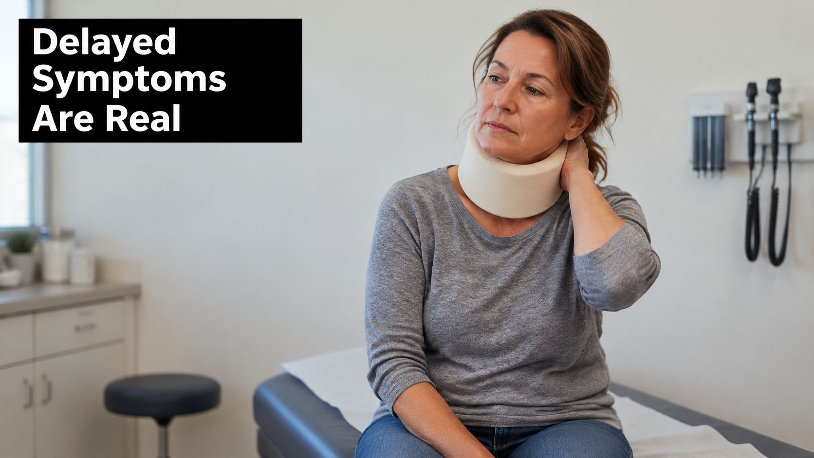 A woman wearing a cervical neck collar sits on an examination table in a medical office.