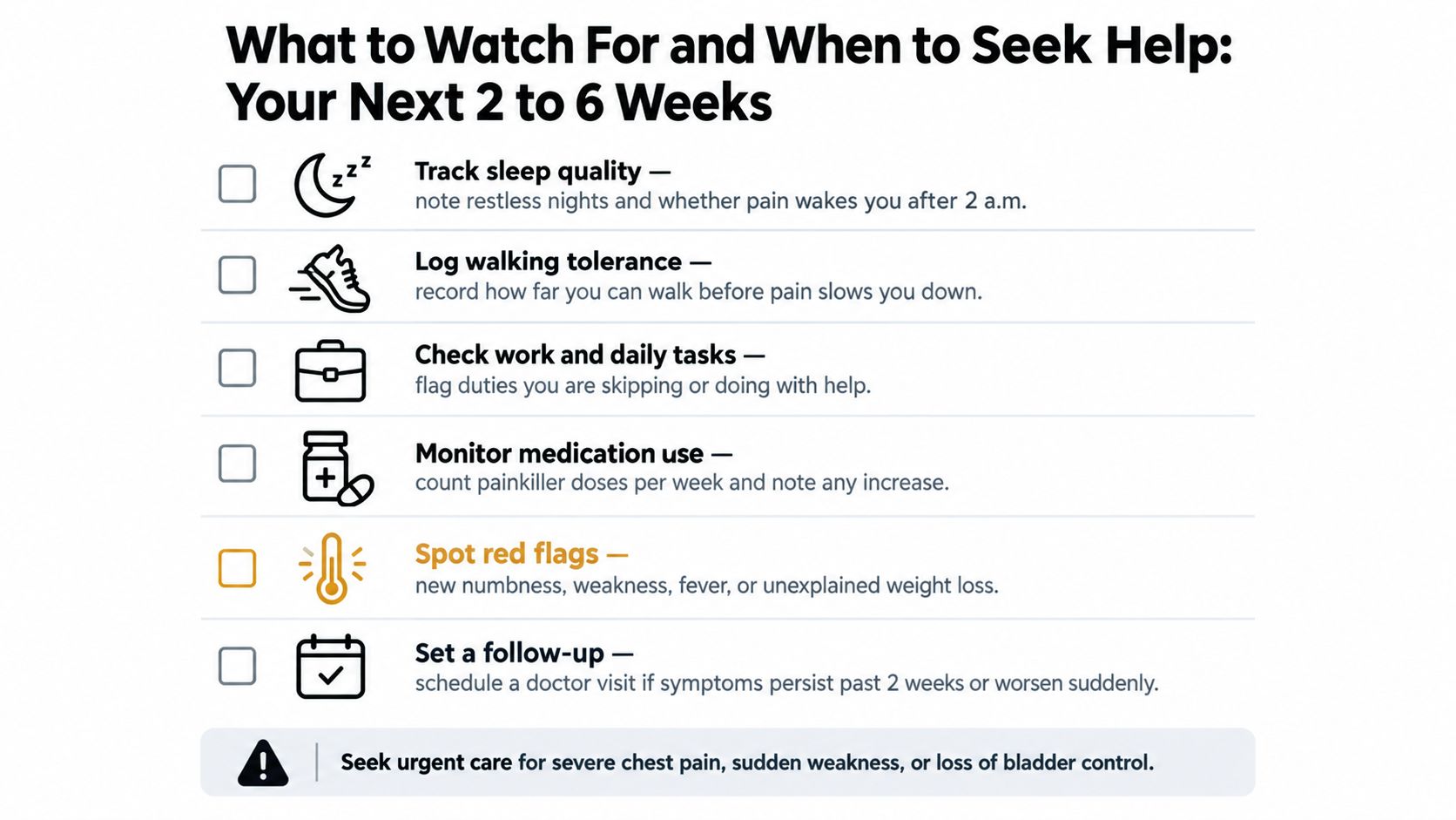 An infographic checklist guiding patients on what to monitor and when to seek medical help for pain.